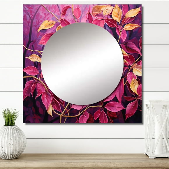 Designart "Foliage Orné de Charme Doré et Rose" Feuilles Dorées Grand Miroir Carré - Miroir Carré de Chambre Imprimé Décoration Murale - Art Traditionnel Miroir Mural Carré Imprimé