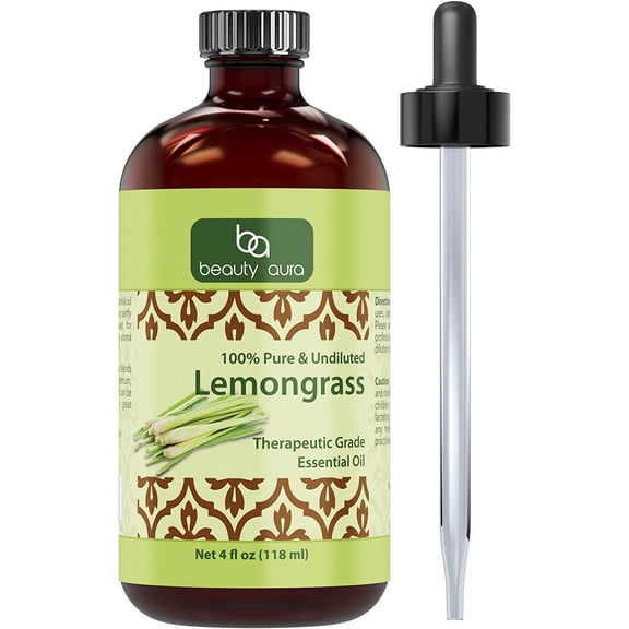 Beauty Aura 100% Pure Lemongrass Essential Oil 4 Fl. oz | Best use with Oil Diffusers, Potpourri, and Wicking Fragrance Diffusers | Made in USA