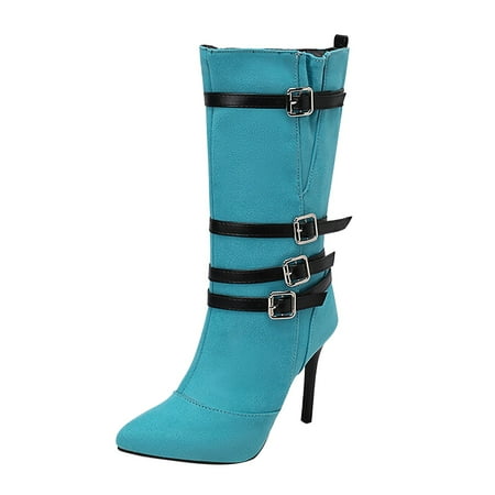 

Gubotare Cowgirl Boots for Women Heel Snip Toe Floral Western Booties Mid Calf Boots with Embroidery(Blue 7)