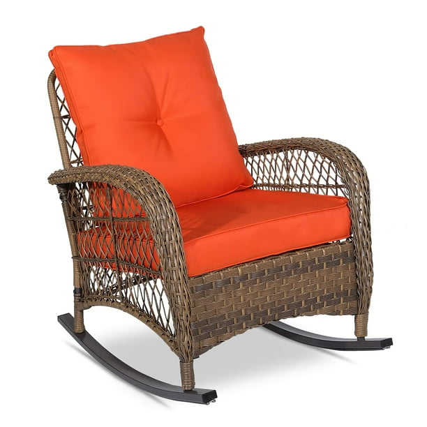 Outdoor Wicker Rocking Chair Patio Rattan Rocker with Cushions & Steel