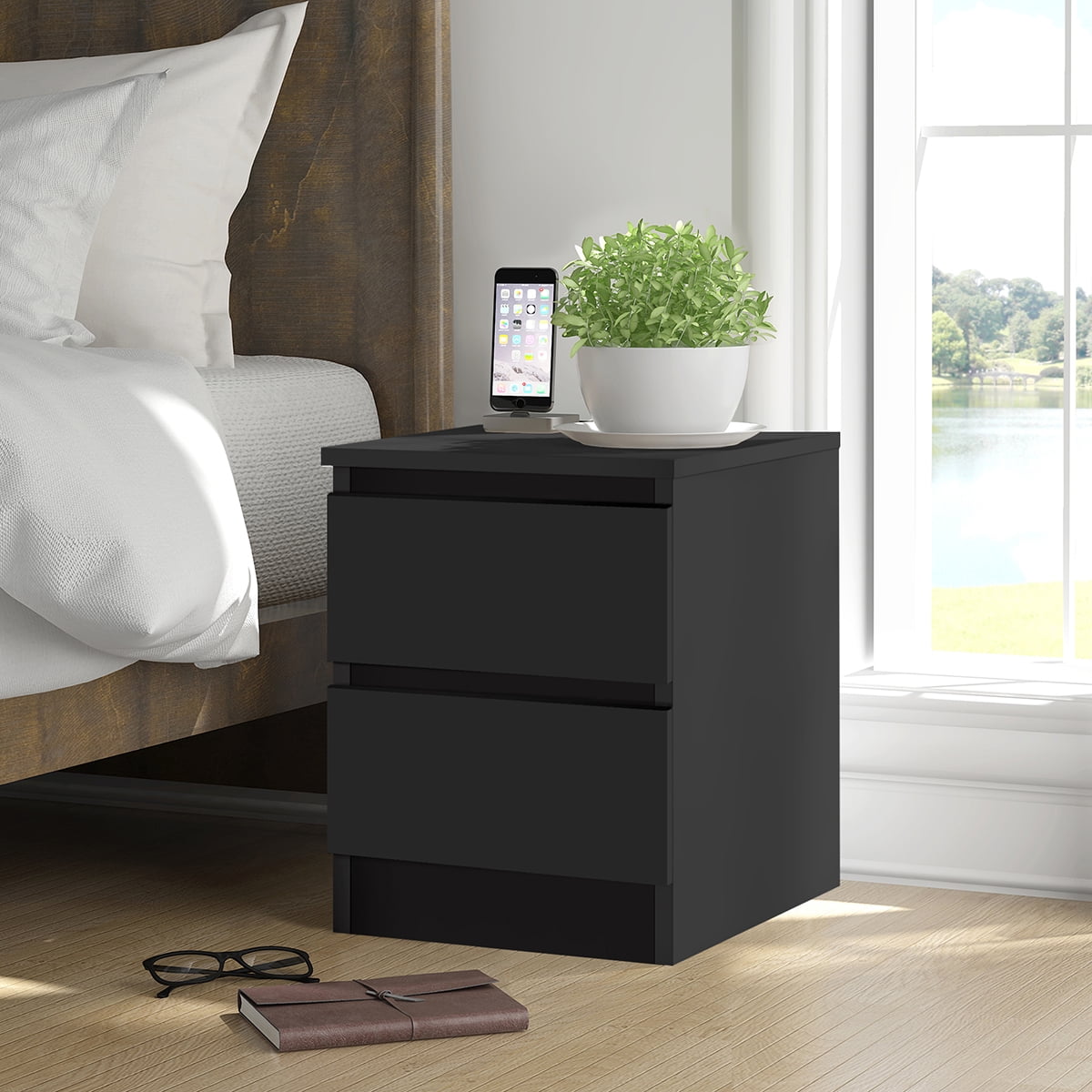 Hommpa 2 Drawers Nightstand for Bedroom, Bedside End Table Organizer, Wooden Black Finish 17.72" x 13.78" x 18.51"