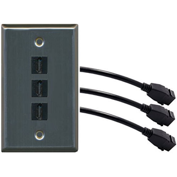 RiteAV (1 Gang Flat 3 HDMI Black Wall Plate w/Pigtail Extension Cable Stainless Steel