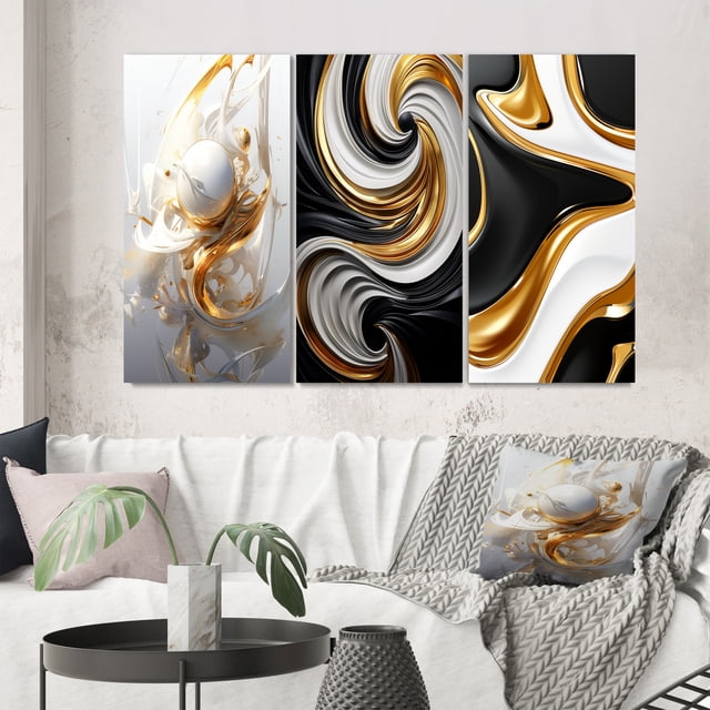 Designart "Delicate Blue Floral Whirling Spiral II" Abstract Spirals Wall Art Set Of 3 - Transitional Gold Gallery Wall Set For Home Decor