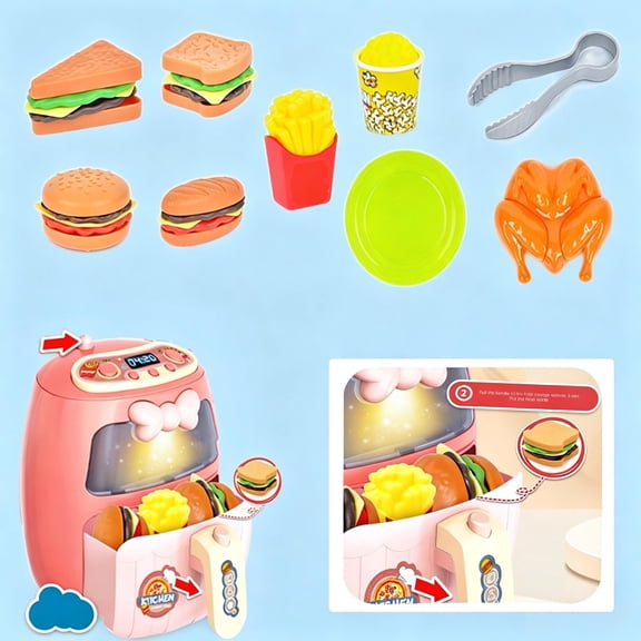 Pink Kids Pretend Air Fryer Playset with Light & Sound, Little Chef Restaurant Role Play Educational Toy, Birthday Holiday Gift for Toddler Boys Girls Ages 3 