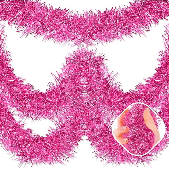 25 Feet Pink Christmas Tinsel Garland, Metallic Foil Twist Garland Wall Hanging Tinsel Banner Backdrop for Parade Floats, Easter, Mother's Day, Birthday Party Decorations (4in x 25ft) Pink