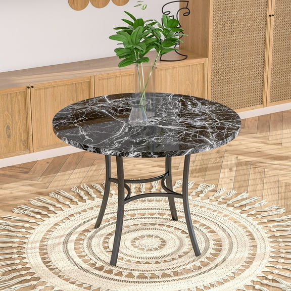 VECELO 36" Round Dining Table, Kitchen Table Faux Marble with Metal Base for Living Room Kitchen, Black