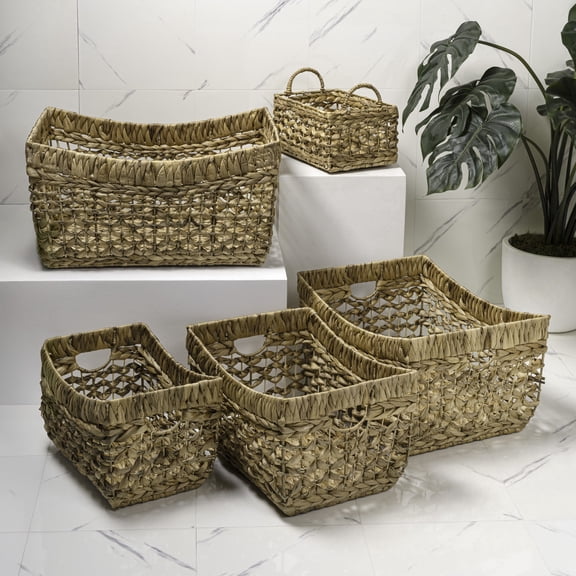 happimess Aria Contemporary Bohemian Handwoven Water Hyacinth Nesting Storage Baskets with Handles, Natural (Set of 5)