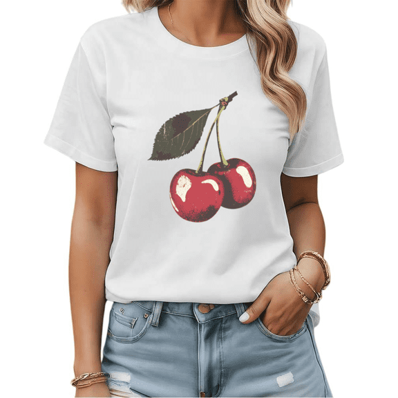 Vintage Cherry Graphic Tees Womans T-shirt Black/White S-5XL Shirts Retro Fruit Tops