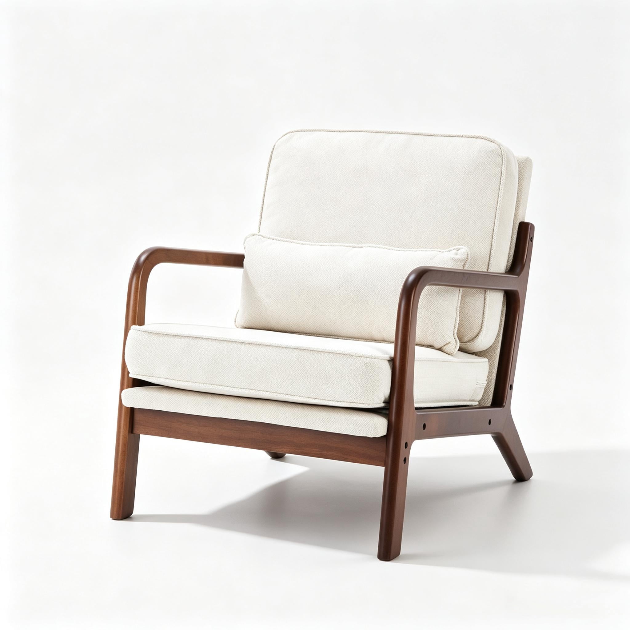 Mid-Century Modern Accent Chair with Arms and Waist Cushion, Solid Wooden Frame