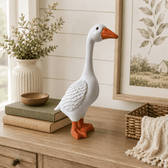 White Goose Resin Figurine, 12 in Desktop Goose Statue for Shelf, Garden, Porch, Entryway, Farmhouse Animal Home Tabletop Decor