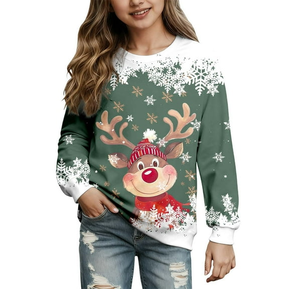 Byoo Toddler Girls Christmas Sweatshirt Reindeer Print Full Sleeve Round Neck Pullover Sweatshirt Xmas Winter Clothes
