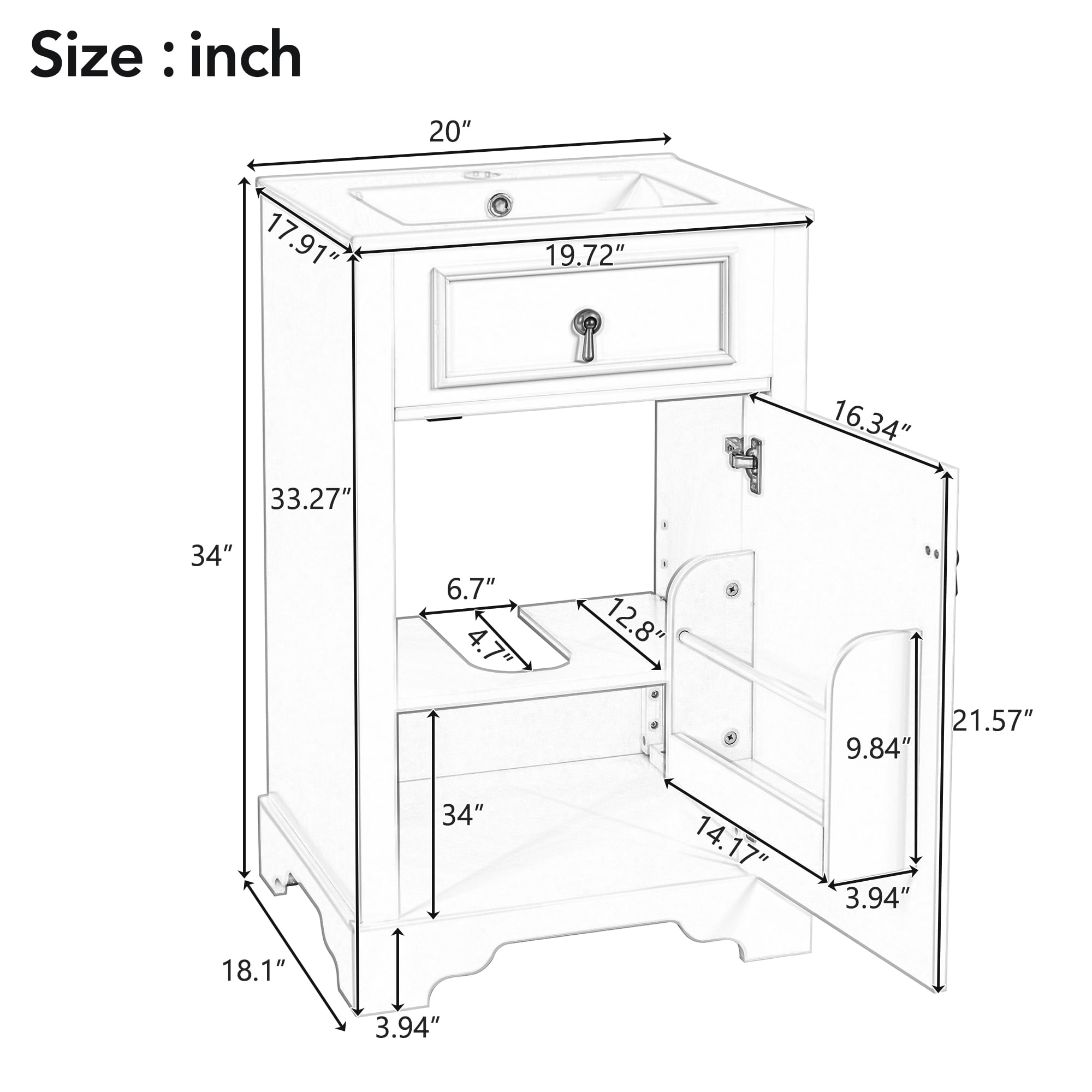EUROCO 20" Bathroom Vanity with Ceramic Sink,Solid Wood Bathroom Makeup Cabinet with Soft Close Door,Adjustable Shelf, Drawer and Door-Mounted Storage Rack,Black