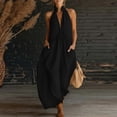 thumbnail image 2 of Women's Plunge Halter Sleeveless Pleated Long Romper Knit Jogger Maxi Jumpsuit with Pockets for Summer Beach Vacation Casual Daily Wear Black XL, 2 of 4