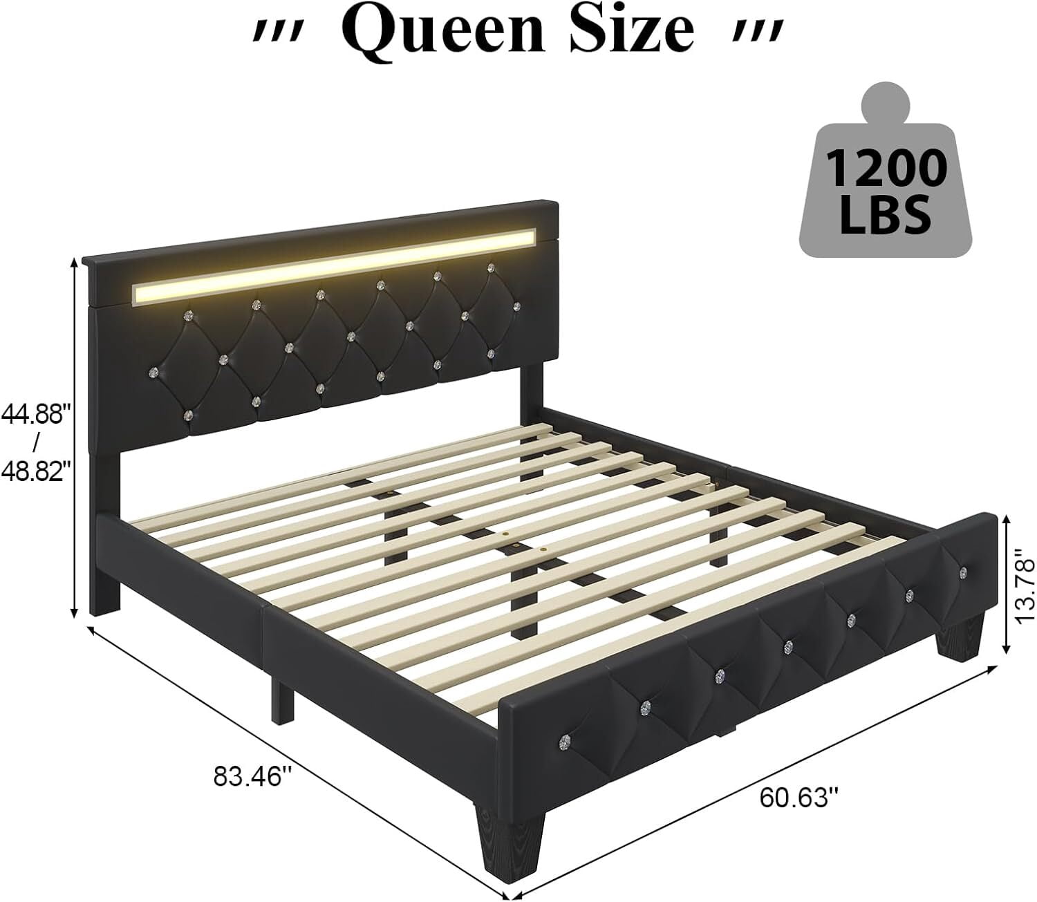 LED Queen Bed Frame with Charging Station, Faux Leather Upholstered Platform Bed with Adjustable Diamond Crystal Headboard, Solid Wood Slats Support, No Box Spring Needed, Noise Free, Black