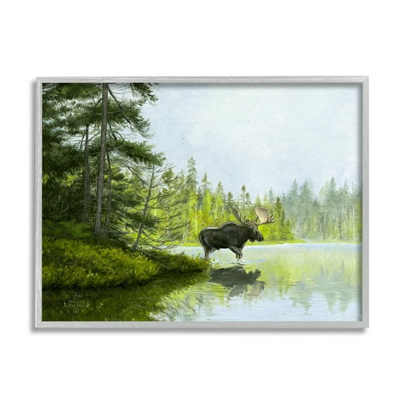 Stupell Industries Moose in Woodland Pond Nature Painting Gray Framed Art Print Wall Art, 30 x 24