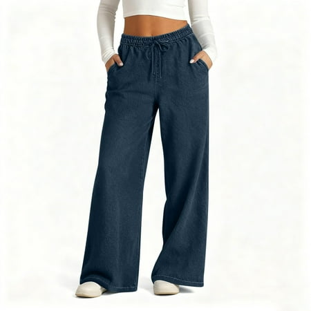 Elastic Waist Jeans for Women Comdrip Women s High Waisted Straight Jeans Trendy Drawstring Tie Elastic Waist Stretchy Denim Pants Womens Stretch Jeans Dark Blue L