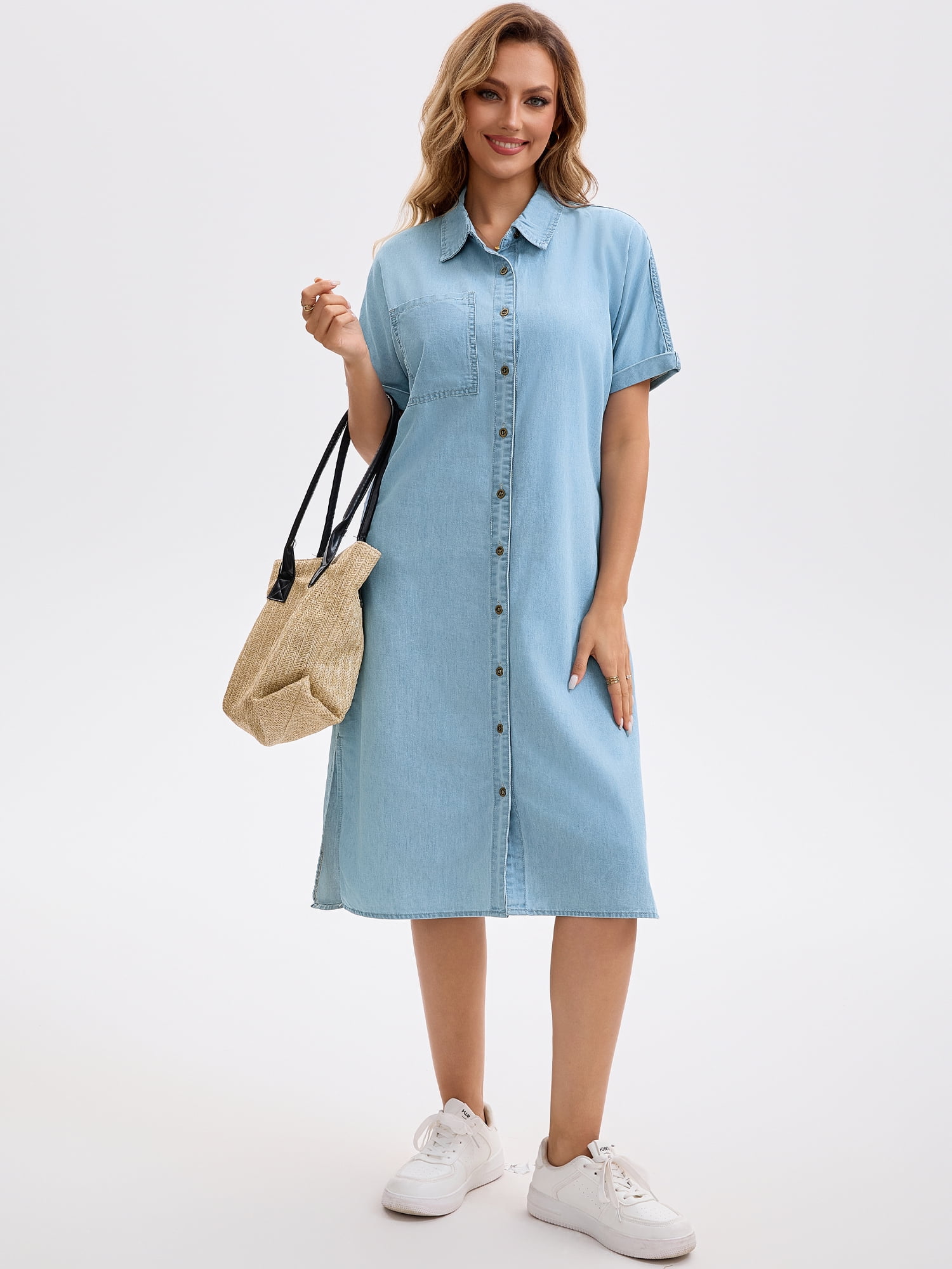 DARING DIVA Midi Denim Short Sleeve Button Down Tunic Jean Dress 2XL Light Blue