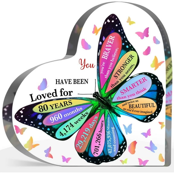 80th Gift for Birthdays for Women Men, 80 Year Old Birthday Acrylic Sign, Inspirational Butterfly Keepsake Sign, Happy 80 Gift for Birthdays Idea for Friends Mom Dad, Table Desk for Home 4x4 inch