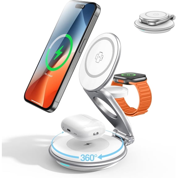 MJMJ Wireless Charging Station for Magsafe, 3 in 1 Foldable Charger for iPhone 16/15/14/13/12 Series, Apple Watch & AirPod (30W Charger Included)