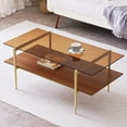thumbnail image 1 of Rectangle Coffee Table MidCentury Modern Design L W x H for Living Room Structure Amber Glass Top and Walnut MDF Shelf Sleek Conical Metal Legs with Gold Finish, 1 of 9