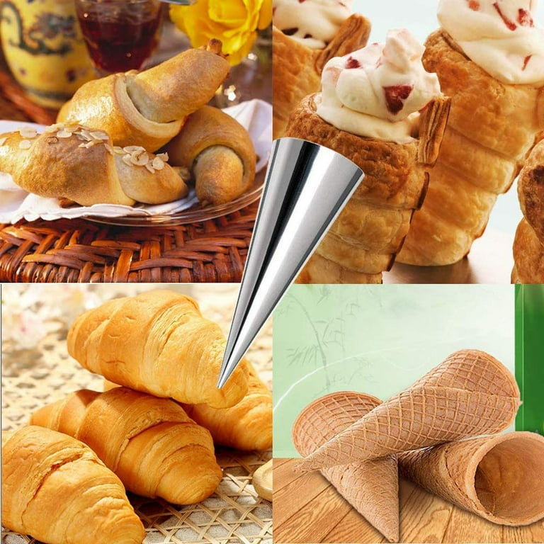 Non stick Cream Horn Molds Stainless Steel 5.5inch Pack of 16 Baking Cones Pastry Roll Horn Croissant Mold with Cleaning Brush