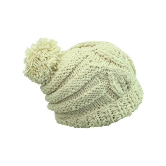Beige Slouchy Winter Cable Knit Beanie Hat With Pom Pom