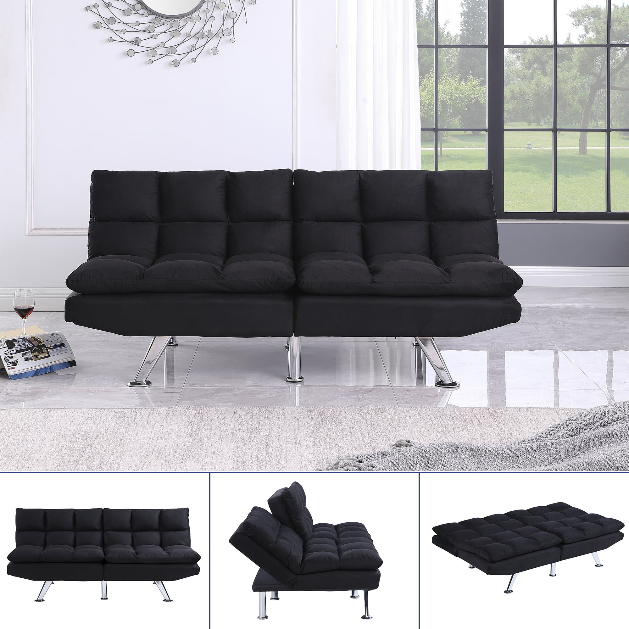 Futon Sofa Bed with MATTRESS Modern Convertible Sleeper Lounger Dorm Couch Black 