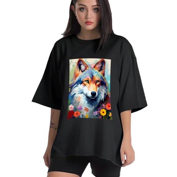 Plus Size Shirt for Women Black Tops for Women Short Sleeves Shirt for Women Wolf 5 T Shirt Crewneck Shirt for Women XS