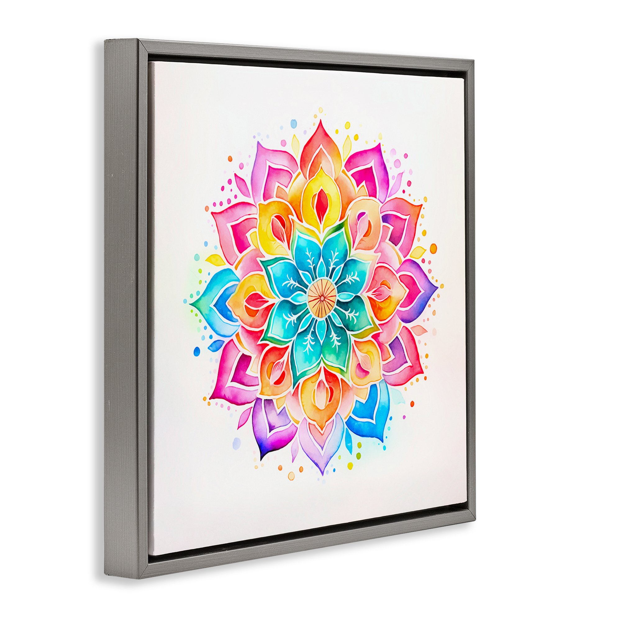 Stupell Industries Bright Rainbow Mandala Abstract Painting Gray Floater Framed Canvas Art Print Wall Art, 25 x 25