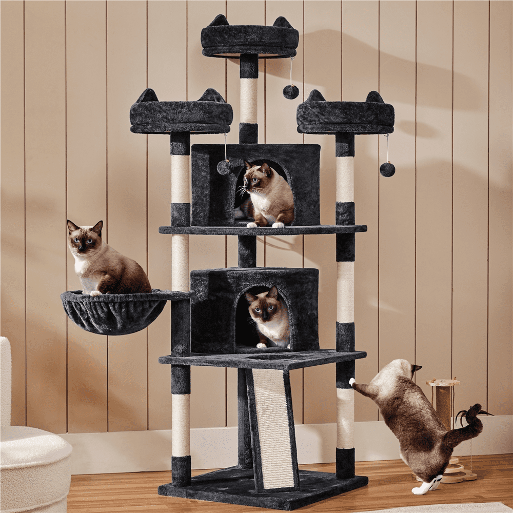 Alden Design 68.5"H Multilevel Large Cat Tree Tower with Condos and Perches, Black