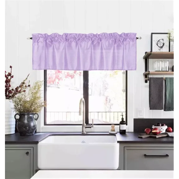 1 piece S18 luxury straight sheer faux silk window curtain valance for kitchen bathroom decor with rod pocket on top lavender lilac color 55" wide X 18" long