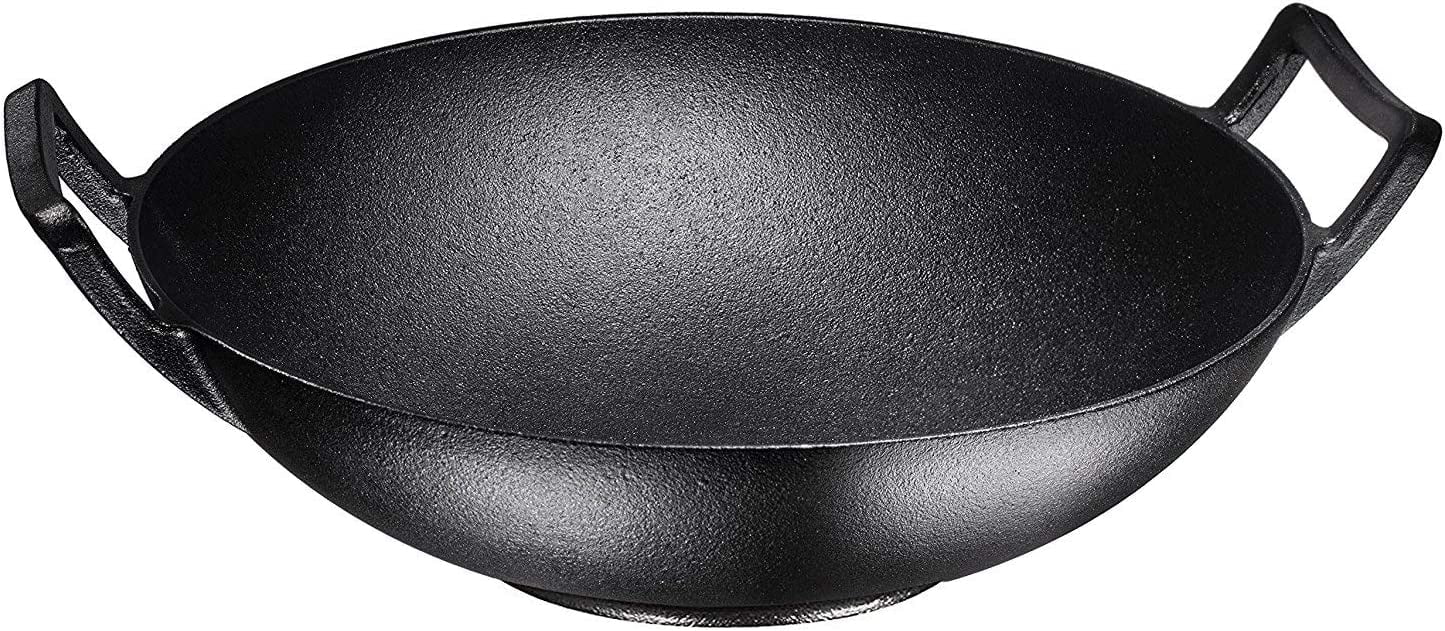 Bruntmor 14 Inch Pre-Seasoned Cast Iron Wok/ Pot. 14 Nonstick Skillet Pan  With Large Loop Handles & Flat Base & Lightweight Wooden Pot Lid Cover.  Cooking Ware For Kitchen/ Indoor/ Outdoor Camping.