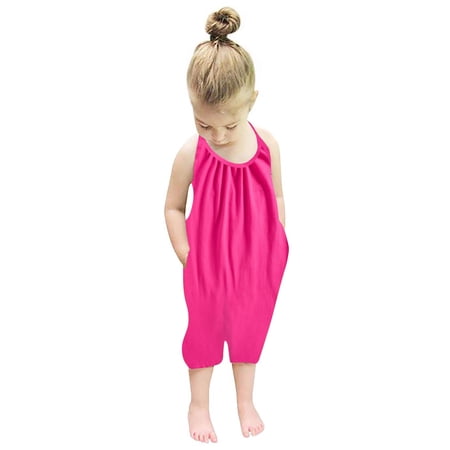 Lindanina Toddler Girl Jumpsuits Romper Summer Clothes Outfit Cute Hot Pink 12-24 Months Backless Halter Sleeveless One Piece Overalls Photoshoots With Pockets C27