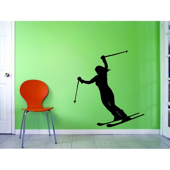 Skiing Girl Boy Silhouette Sports Vinyl Wall Decal Sticker 14x28 Inches
