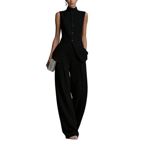 Evdexr Linen Sets For Women 2 Piece Stand Collar Sleeveless Top and Baggy Wide Leg Pants Set Trendy Casual Business Lounge Outfit Suits Black L