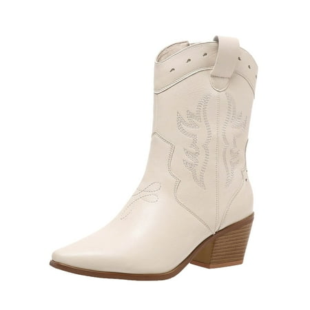 DVKOVI Women Casual Shoes Cowgirl Boots Mid Calf Women High Heel Boots Fashion Vintage Western Denim Pointed Toe Thick Heel Square Heel Comfortable Heel Boots for Women Beige 7