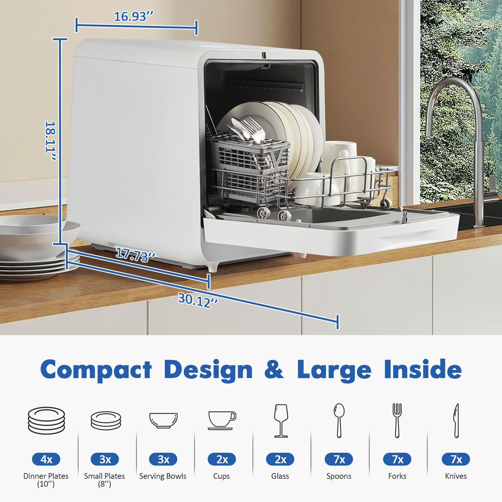 Portable Mini Dishwasher Countertop, 6 Programs, 162℉ High-Temp& Air-Dry Function, Compact Dishwashers for Small Apartments