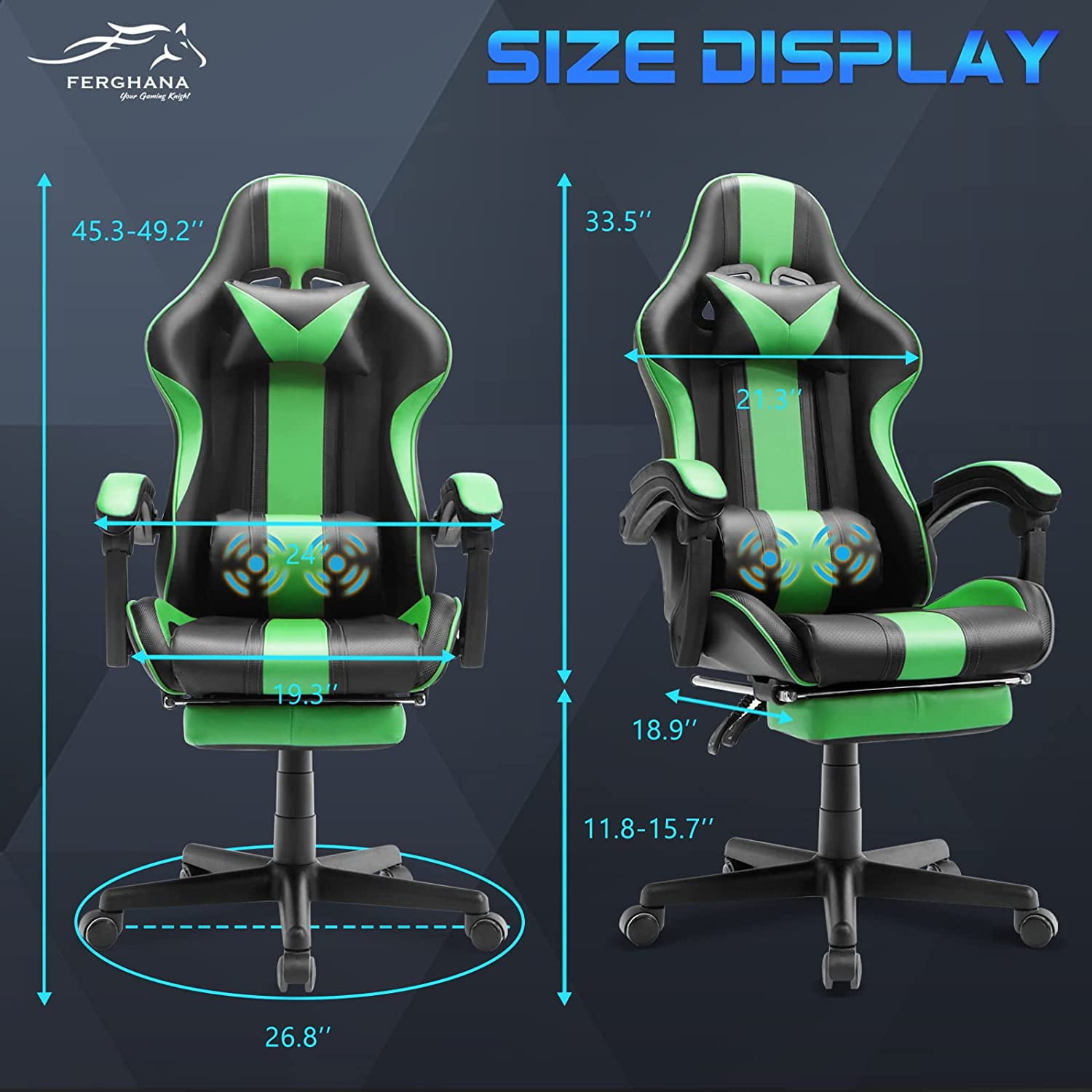 E-Gaming - Gaming Chair Office Chair - green- pillow & footrest included