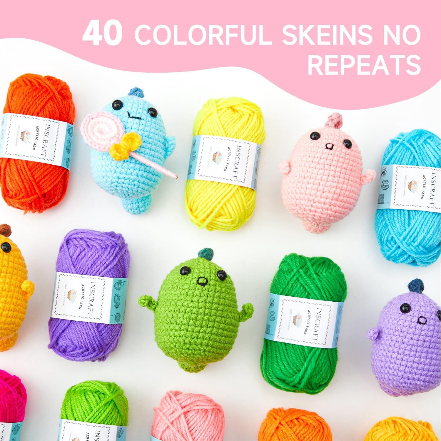 48 PCS Crochet Yarn Kit, 1400 Yards 40 Colors Acrylic Yarn Skeins, 2 Crochet Hooks, 2 Weaving Needles, 4 Stitch Markers, 1 Bag, for Crocheting & Knitting, Gift for Beginners and Adults