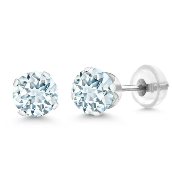 Gem Stone King 14K White Gold Sky Blue Aquamarine Stud Earrings for Women Men (1.50 Cttw, Gemstone Birthstone, Round 6MM)