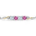 thumbnail image 3 of 925 Silver and 10K Yellow Gold Sky Blue Aquamarine and Pink Created Sapphire and White Lab Grown Diamond Bracelet for Women | 2.12 Cttw | Gemstone March Birthstone | Round 5MM | Fully Adjustable 9", 3 of 5