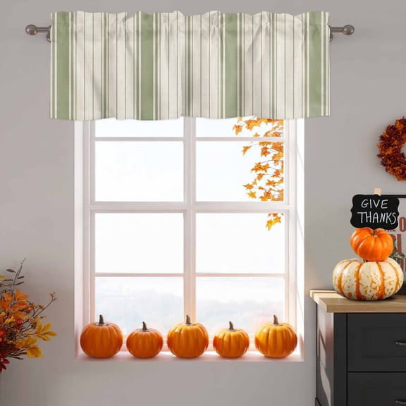 Valances for Windows,Rustic Sage Green Stripe on Linen Kitchen Curtain Valance Short Rod Pocket Panels Minimalist Line Texture Small Window Treatment for Living Room Bedroom Bathroom,42"Wx18"L