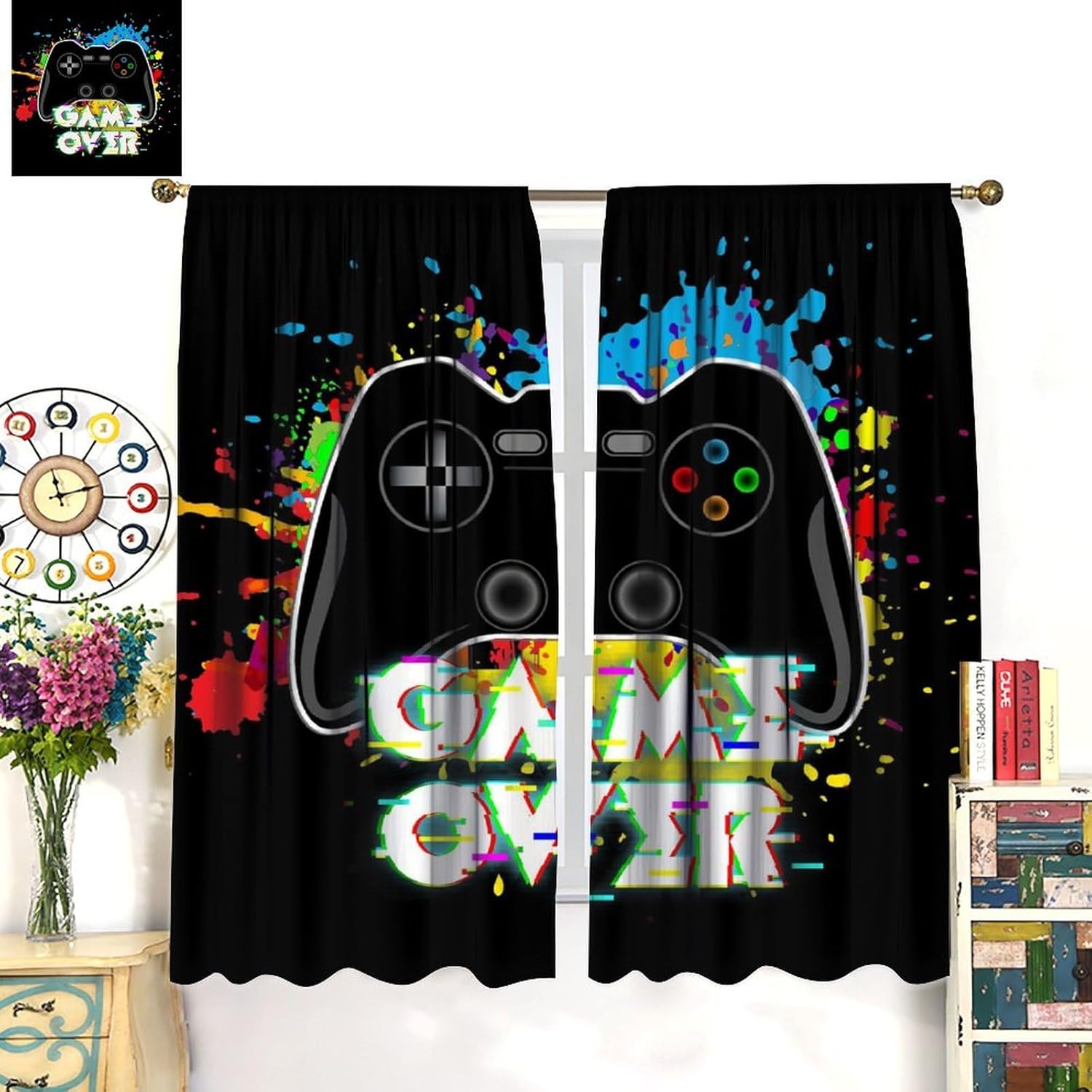 Gamer Blackout Curtains, Fun Colorful Graffiti Art Gamepad Neon Controller Print Rod Pocket Window Treatments Drapes for Boys Girls Teens Bedroom Living Room Playroom Decor 84x84in