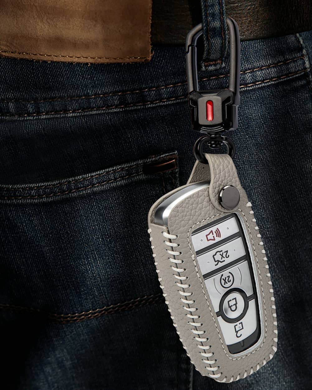 for Ford Key Fob Cover with Keychain, Leather Keyless Entry Car Smart Key Case Protector Holder Compatible with 2017-2024 Bronco Escape Mustang Explorer F150 F250 F350 Fusion Edge