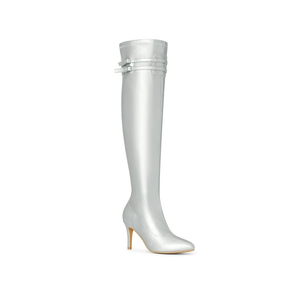BLISSFUL STEP Women's Boots Thigh High Stiletto Heel Pointed Toe Buckle Zipper Boots Silver 8