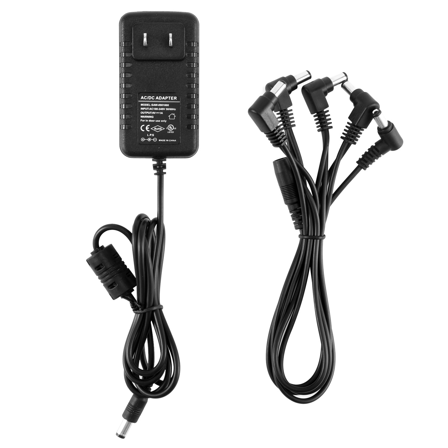 ETL Listed Pedal Power Supply Adapter 9V 1A AC/DC 5 Way Daisy Chain Cables for Effect Pedal SPA-3 Center Negative