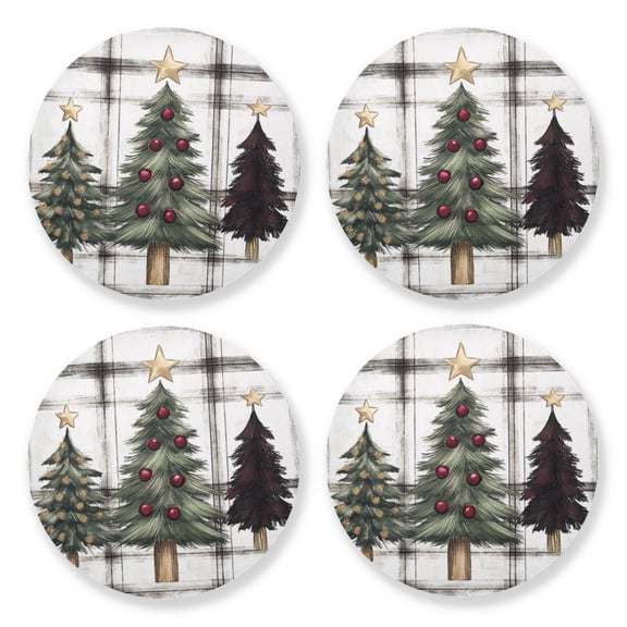 Qxltty Christmas Trees on A White and Black Plaid Pattern Wooden Coasters Set of 4 Fun and Practical Perfectly Non-Slip Warm Home Accent