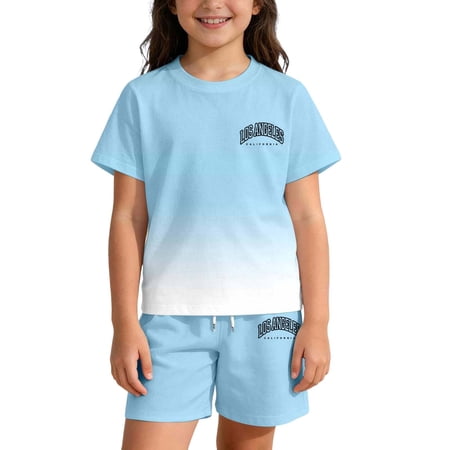 NAFUU Girls Clothes Summer Casual Letter Prints Short Sleeve O-Neck T Shirt Top And Shorts Kids Fashion Gradient Outfit Versatile Vacation Outfits For Girls 2-3 Years