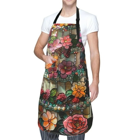 

Cauagu Stained Glass Floral Cake Aprons with Pockets Waterproof Apron for Women Kitchen Cooking Apron Adjustable Bib Aprons Chef Apron for Cooking Drawing Crafting