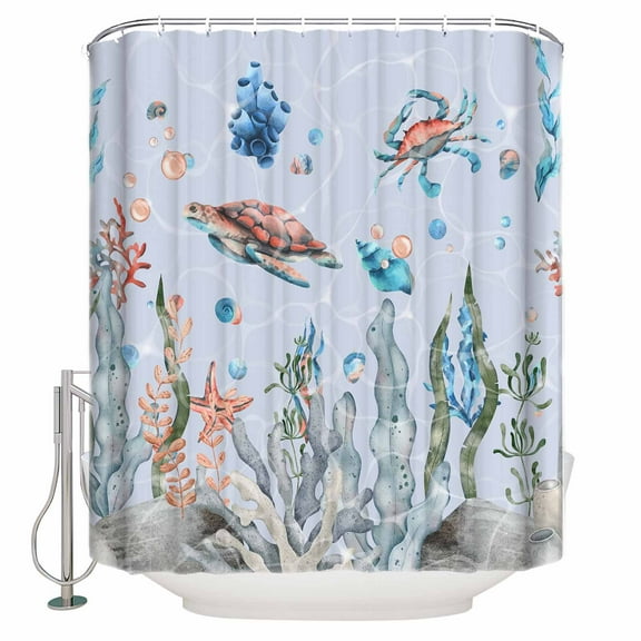 Fabric Shower Curtain, Summer Ocean Blue Turtle Crab Seashell Pearl Seaweed Shower Curtains with 12 Hooks Waterproof Machine Washable Bath Curtains for Bathroom, 48x 72in
